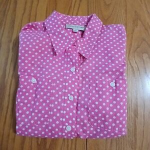 Jones New York Pink and White Polka Dot Button Down Shirt. Like New Condition